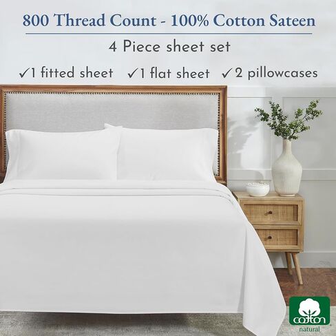 California Design Den Luxury 800 Thread Count 100 ٪ من أوراق القطن لسرير بحجم كوين ، وفراش جودة الفندق مع صفيحة مركبة جيب عميق ، وتبريد وأكثر ليونة من أوراق القطن المصرية -أبيض in Kuwait