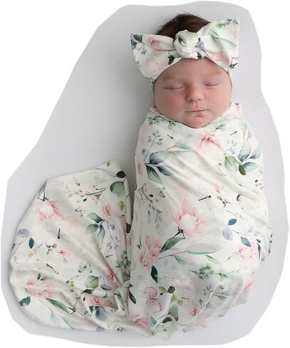 Newborn Baby Girl Swaddle and Headband Beanie Set with a Birth Announcement Card Floral Print Receiving Blanket (Ink Pink) in Saudi Arabia