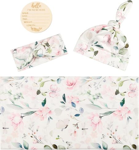 Newborn Baby Girl Swaddle and Headband Beanie Set with a Birth Announcement Card Floral Print Receiving Blanket (Ink Pink) in Saudi Arabia