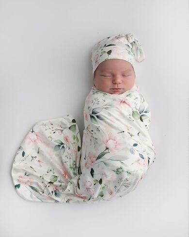 Newborn Baby Girl Swaddle and Headband Beanie Set with a Birth Announcement Card Floral Print Receiving Blanket (Ink Pink) in Saudi Arabia