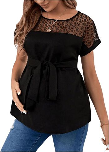 MakeMeChic Women's Maternity Blouse Crew Neck Short Sleeve Contrast Mesh Belted Pregnancy Top in Saudi Arabia
