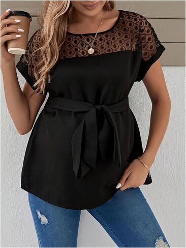 MakeMeChic Women's Maternity Blouse Crew Neck Short Sleeve Contrast Mesh Belted Pregnancy Top in Saudi Arabia