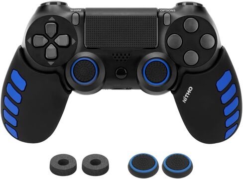مجموعة قبضة سيليكون لوحدة التحكم NiTHO لجهاز PS4، مقبض حماية مطاطي مع 3 أحجام من أغطية قبضة الإبهام المقعرة و2x حلقات تناظرية دقيقة، متوافقة مع وحدة تحكم PS4/Slim/Pro - شريط أزرق in Kuwait