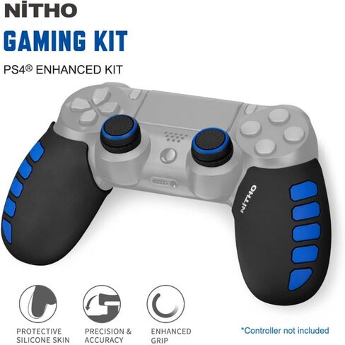 مجموعة قبضة سيليكون لوحدة التحكم NiTHO لجهاز PS4، مقبض حماية مطاطي مع 3 أحجام من أغطية قبضة الإبهام المقعرة و2x حلقات تناظرية دقيقة، متوافقة مع وحدة تحكم PS4/Slim/Pro - شريط أزرق in Kuwait
