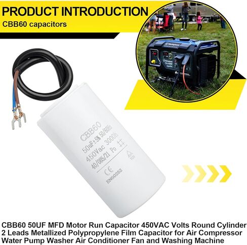 CBB60 60UF MFD Motor Run Capacitor 450VAC VOLTS REOLDER مع سلكين ، مكثف فيلم البولي بروبيلين المعدني للركض المحرك ، مكيفات الهواء ، الغسالات ، مضخات البلياردو ومضخات المياه in Kuwait