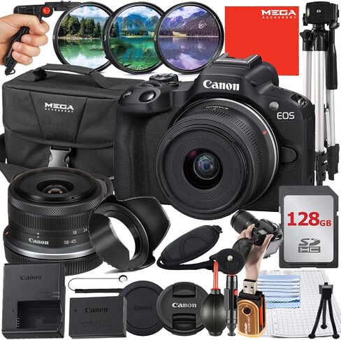 Canon EOS R50 Mirrorless Camera with RF-S 18-45mm Lens + 32GB Memory Card + 3 Pieces Filter Kit + Case + Tripod + MegaAccessory Bundle (Renewed) in Saudi Arabia