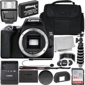 Canon EOS 250D (Rebel SL3) (الجسم فقط) مع حزمة ملحق المبتدئين - يشمل: Sandisk Ultra 64GB SDXC ، فلاش رقمي ، بطارية استبدال الحياة الموسعة ، حقيبة أدوات مقاومة للماء وأكثر (متجددة)