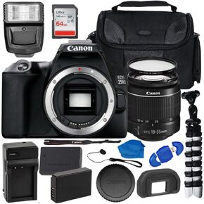 Canon EOS 250D (Rebel SL3) مع EF-S 18-55mm F/3.5-5.6 III Bundle & Starter Bundle: Sandisk 64GB SDXC ، فلاش رقمي ، بطارية ، أداة مقاومة للماء (متجددة)