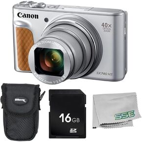 Canon PowerShot SX740 HS Digital Camera 4PC Bundle - تشمل بطاقة ذاكرة SD بسعة 16 جيجابايت + CASE & Shoot Case + Microfiber Cleaning Cloth (Silver) (متجددة)