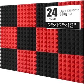 ألواح رغوية صوتية 24 حزمة 2 × 12 بوصة × 12 بوصة ألواح إسفنجية مقاومة للصوت للجدران، ألواح عازلة للصوت عالية الكثافة ومقاومة للحريق، ألواح عازلة للصوت للاستوديو عازلة للصوت، أسود وأحمر