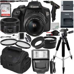 Canon EOS Rebel T7/2000D DSLR Camera with 18-55mm f/3.5-5.6 Zoom Lens and Bundle : Includes - SanDisk Ultra 64GB Memory Card, Tripod Much More (Renewed)