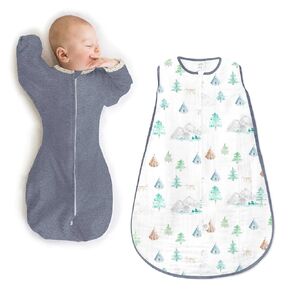 SwaddleDesigns Baby Sleep Sack Set, Denim and Mountain + Trees, 3-6 Mo Transitional Swaddle Sack with Arms Up Half-Length Sleeves & Mitten Cuffs and 0-6 Mo Cotton Muslin Sleep Sack with 2-Way Zipper