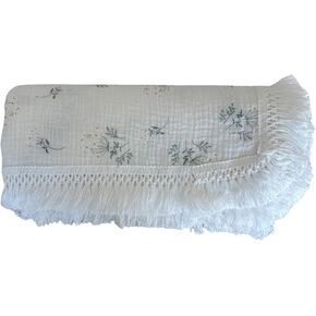 100% Muslin Fringe Swaddle Blanket | Receiving Blanket, Baby, White, JB001