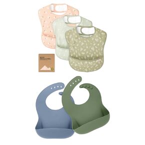 KeaBabies 3-Pack Waterproof Baby Bibs for Eating and 2-Pack Baby Silicone Bibs - Lightweight Baby Bib with Food Catcher - Waterproof, Easy Wipe Silicone Bib for Babies, Toddlers