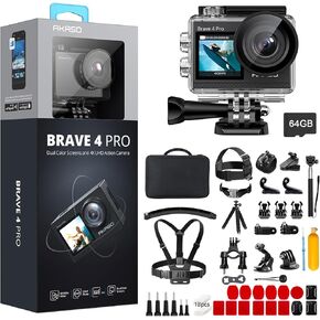 AKASO Brave 4 Pro Action Camera 4K 30fps with 64GB MicroSDXC Memory Card and 60 in 1 Accessories Kit