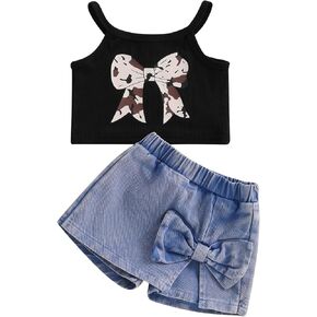 Emmababy Toddler Girls Denim Shorts Set Ribbed Crop Tank Top Sleeveless Bow Jean Shorts Skirt Western Baby Summer Clothes