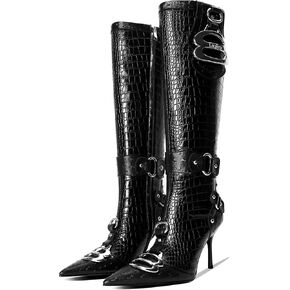 Knee High Crocodile Boots for Women Pointed Toe Slim Calf Sexy Stiletto High Heel Long Tall Boots with Slide Zipper Buckle Rivets