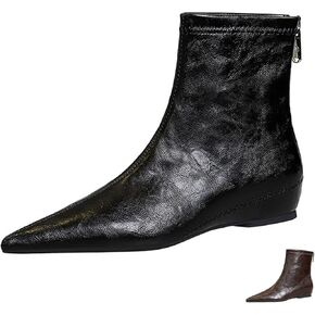 Women's Leather Stitching Details Invisible Wedge Ankle Booties Retro Handmade Pointed Toe Invisible Height Increasing Back Zippers Flat Dress Short Boots for Work Walking
