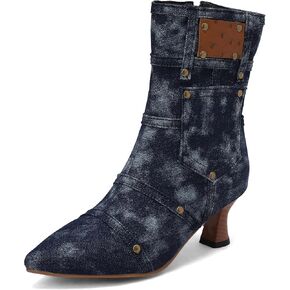 BEAUPAS Women's Denim Kitten Heel Boots Pointed Toe Low Heel Ankle Boots Chunky Vintage Zip Shoes