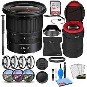 Nikon Nikkor Z 14-30mm F/4 S Zoom Lens (20070) مع بطاقة ذاكرة SDHC Ultra SDHC 64GB + علبة عدسة مبطنة + 70 بوصة PRO MONOPOD + 8 قطعة (MACRO ، UV ، CPL ، FLD) (متجددة)