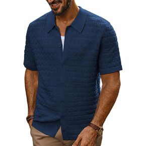 PJ PAUL JONES Men's Knit Shirts Short Sleeve Button Down Polo Shirt Fashion Hollow Out Texture Casual Summer Beach Shirt