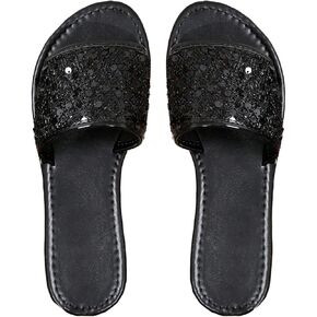 Verdusa Women's Sequin Glitter Flat Sandals PU Leather Open Toe Slip on Slides Slippers