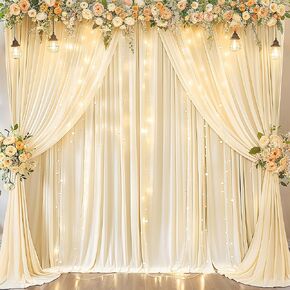 10x10ft Champagne Polyester Backdrop Curtains with Lights String for Wedding, Wrinkle Free Curtains Photo Shoot Backdrop Drapes for Birthday Ceremony Baby Shower Party Background Decorations