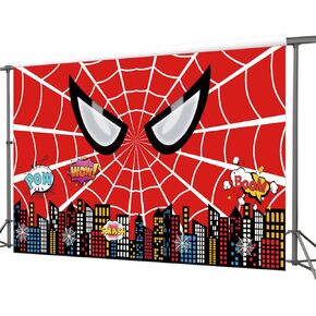 5x3FT Super City Theme Red Spider Web Photography Vinyl Photo Background for Kids Birthday Party Backdrops Decoration