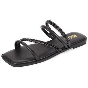 IDIFU Womens Braided Strappy Flat Sandals Square Open Toe Slide Sandals Slip On Slingback Dress Sandals Summer Beach Casual Ladies Comfortable Dressy Cute Trendy Sandals