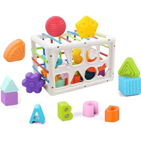 Baby Shape Sorting Cube with ABCD and Shape Blocks, Sensory Bin with Colorful Elastic Rope for Toddlers, Babies and Kids Early Educational Montessori Learning Developmental STEM Toys