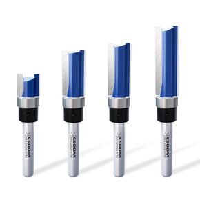 CSOOM 4-Piece Flush Trim Router Bit Set with 1/4 Inch Shank and C3 Carbide for Precision Trimming of Shelf Edges, Drawer Making, Laminates, Particle Boards, Plywood, and More. Ideal for Woodworking Enthusiasts and Professionals