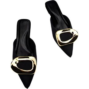 OYOANGLE Women's Metal Decor Flats Pointed Toe Slip On Backless Elegant Mule Shoes