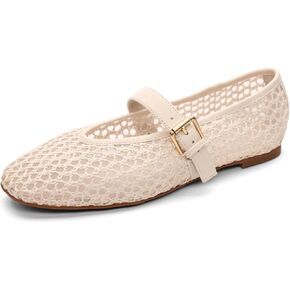 Sanctuary Gia Women's Mary Jane Flats - Crochet Knit, Slip-On, Memory Foam Cushioning, Flexible Rubber Outsole, Natural - 6