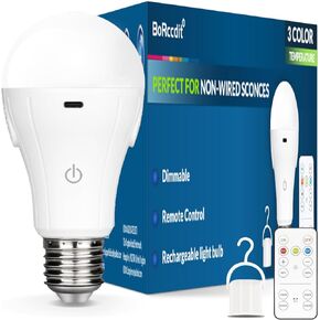 CordlessGlow Battery Operated Light Bulb with Remote，3 Colors + Dimmable + Touch Control Rechargeable Light Bulbs for no-Hardwired Fixture, up to 24 Hours,2Pack