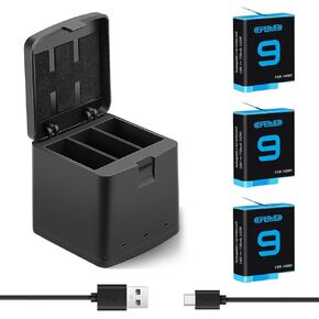 Hero 9, 10, 11, 12 3-Pack Batteries and Fast Charger Kit, 3-Channel USB Charger, Battery Protective Case, Fully Compatible with Gopro Hero 9, 10, 11, 12 Black Edition(1720mAh/3.85V)