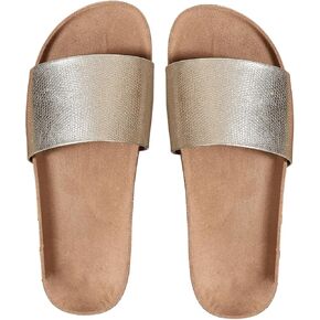 GORGLITTER Women's Metallic Flat Open Toe Sandals Slip on Dressy Slide Sandals