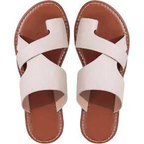 GORGLITTER Women's Toe Ring Cross Strappy Sandals Dressy Leather Slip on Slides Summer Beach Vacation Flats Sandals