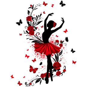 Elegant Ballet Dancer Wall Sticker - Featuring Red Dress, Butterflies&Roses,Easy Peel&Stick,Removable&Reusable wall sticker,DIY Wall Decals perfect for Kids room,Girls Room,Home Wall and Nursery Décor