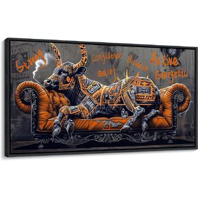 JEAWA Framed Canvas Wall Art - Large Creative Wall Art for Bedroom Living Room Bathroom, Modern Artwork Decor for Home Decoration, Strong Bull Color Graffiti, 29x58 IN