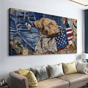 JEAWA Large Canvas Wall Art - Western Cowboy Dog Cool Wall Paintings Blue Brown Flag Background Pictures Print for Living Room Bedroom Office Teenage Boy Room Kitchen Home Decor 24x48 IN
