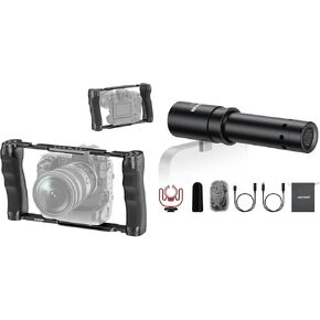 lNEEWER Video Camera Cage Rig with Arca Type Base/Dual Grips/Expansion Holes/15mm Rods, Universal Stabilizer Compatible with Sony Canon Nikon DSLR/DSLM, KM17 USB C Microphone Included