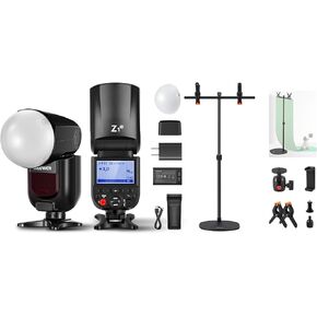 NEEWER Z1-N TTL Round Head Flash Speedlite for Nikon with Magnetic Dome Diffuser, 76Ws 2.4G 1/8000s HSS Speedlight, 10 Levels LED Modeling Lamp, 2600mAh Battery, DS004 T Shaped Desk Backdrop Stand Kit