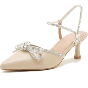 Women's Rhinstone Wedding Low Heel Slingback Kitten Heels, Adjustable Strap Pointed Toe Bow Pumps Prom Dress Shoes