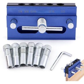 Self Centering Doweling Jig Kit,Drill Jig for Straight Holes Biscuit Joiner Set with 6 Drill Guide Bushings,Woodworking Tool Adjustable Width Dowel Drilling Guide Hole Locator