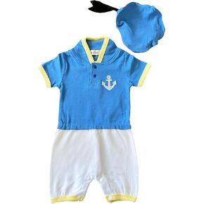 stylesilove Baby Boy Blue Donald Duck Inspired Short Sleeve Cartoon Romper and Hat 2pcs Cotton Outfit