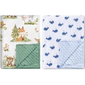 2 Pack Baby Blanket for Boys Girls Super Soft Double Layer Minky with Dotted Backing+Soft Corduroy Toddler Blankets with Blue Wh, Lovely Woodland Animal Design Blanket for Toddler Newborn 30 x 40 Inch