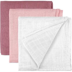 Baby Swaddle Blanket - Soft Cotton Swaddling Blankets Wrap for Unisex Baby, Gender Neutral Newborn Blanket or Receiving Blankets - Large 47 x 47 inches Silky Baby Swaddles (Puple,Pink,White)