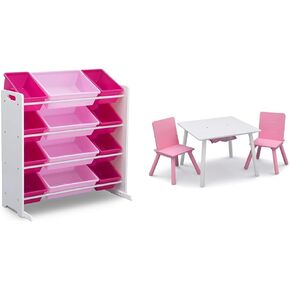 Delta Children Kids Toy Storage Organizer with 12 Plastic Bins - Greenguard Gold Certified, White/Pink & Kids Table and Chair Set with Storage (2 Chairs Included), White/Pink