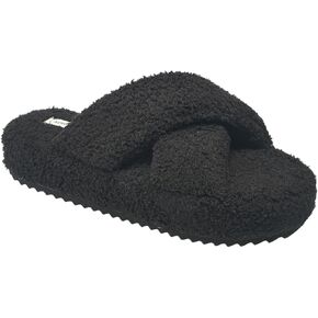 AEROPOSTALE Fuzzy Open Toe Slippers Shoes for Women – Soft Faux Sherpa Fur House Slippers with Memory Foam X Band, Indoor & Outdoor Non-Slip Sole, Fluffy Criss-Cross Design for Bedroom, Spa, and Lounge
