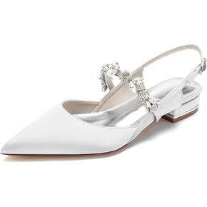 Wedding Flats Shoes for Bride Pointed Toe Satin Crystals Wedding Shoes Dress Flats Slingback for Women